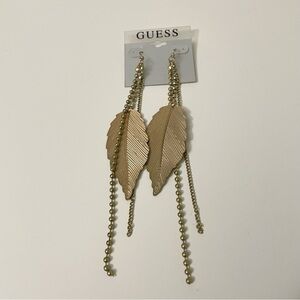 Guess Gold Tone Leaf and Chain Statement Dangle Earrings